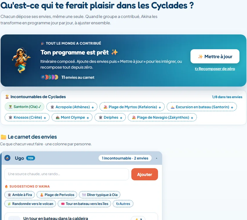 Écran Akina montrant les envies proposées par les membres d’un voyage dans les Cyclades