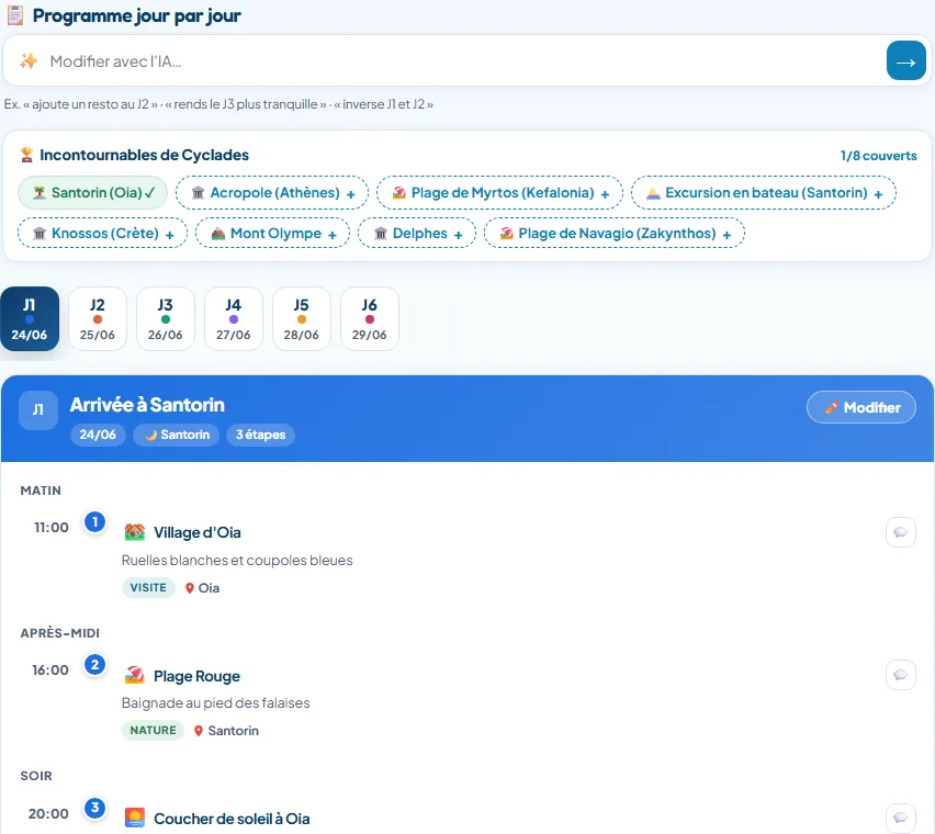 Programme collaboratif Akina organisé jour par jour pour un voyage dans les Cyclades