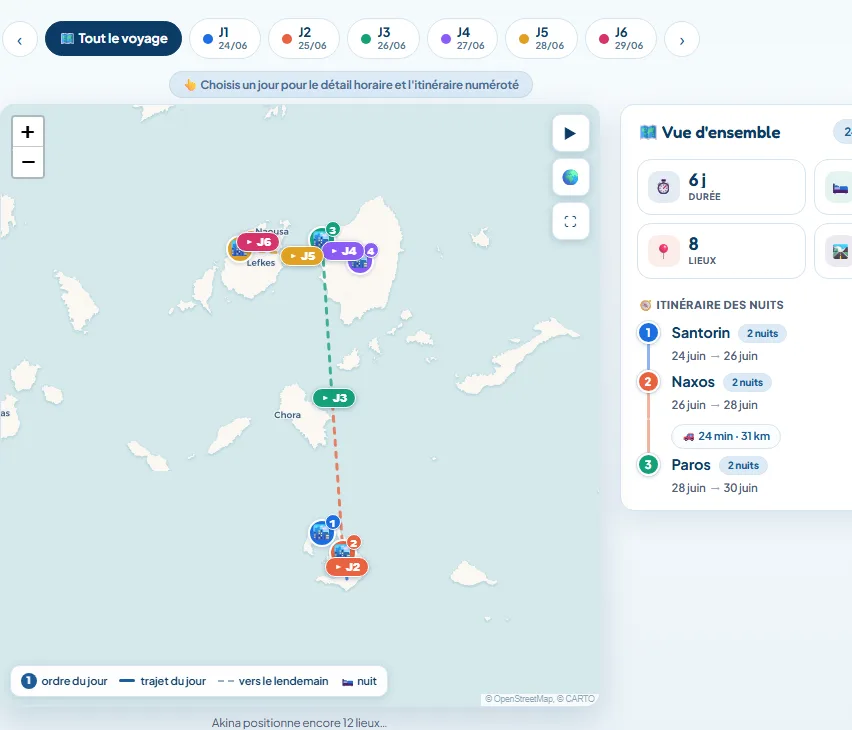Carte Akina montrant un itinéraire de six jours entre Santorin, Naxos et Paros